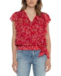 Liverpool Los Angeles - Ruffle Sleeve Draped Front Chiffon Top With Waist Tie - Lyst