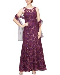 Alex Evenings - Long Embroidered Gown With Sweetheart Illusion Neckline And Chiffon Shawl - Lyst