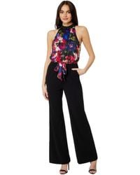 Adrianna Papell - Mock Neck Printed Floral Halter Jumpsuit With Solid Black Bottom - Lyst