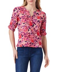 NIC+ZOE - Nic+zoe Blurred Floral Ruched Elbow Slv Split Neck - Lyst