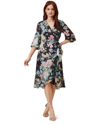 Adrianna Papell - Printed Floral Chiffon Wrap Dress With Ruffle Hem - Lyst
