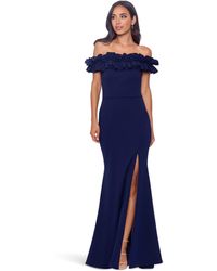 Xscape - Long Crepe Over-the-shoulder Ruffle Gown - Lyst