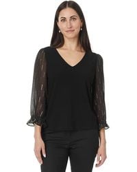 Cece - 3/4 Sleeve Mixed Media Knit Top Clothing, Polyester/Spandex - Lyst