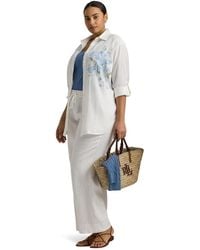 Lauren by Ralph Lauren - Plus-size Oversize Floral Eyelet-logo Linen Shirt - Lyst