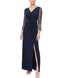 Alex Evenings - Long Surplice Neckline Dress W/ Embellished Illusion Sleeves, Knot Front - Lyst