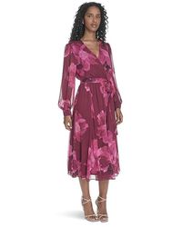 Calvin Klein - Long Sleeve Faux Wrap V-Neck Midi Dress, Polyester - Lyst