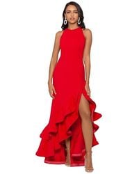 Betsy & Adam - Long Halter Crepe Tiered Ruffle Gown Dress, Spandex/Polyester - Lyst