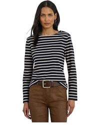 Ralph Lauren - Petite Striped Jersey Snap-Trim Boatneck Top Clothing Lauren/Mascarpone Cream, Cotton - Lyst