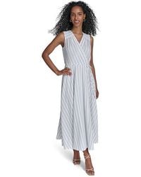 Calvin Klein - Gauze Striped Faux Wrap Dress, Polyester/Spandex - Lyst