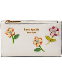 Kate Spade In Bloom Flower Appliqued Saffiano Leather Small Slim Bifold Wallet - White