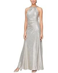 Alex Evenings - Metallic Knit Long Halter Neck Dress With Ruched Waist (Champagne) Dress - Lyst