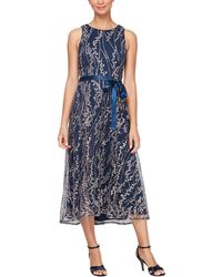 Alex Evenings - Midi Length Embroidered Dress With Satin Tie Belt - Lyst