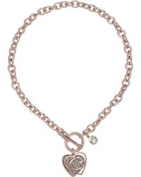 Guess Logo Overlay On Pave Heart Charm Toggle Front Necklace - Metallic