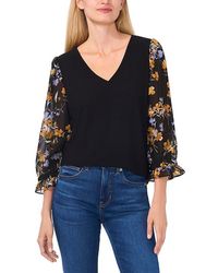 Cece - V Neck Mix Media 3/4 Sleeve Top (Rich) Clothing - Lyst