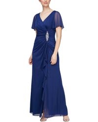 Alex Evenings - Long Dress With Hip Embellishment And Flutter Sleeves - Lyst