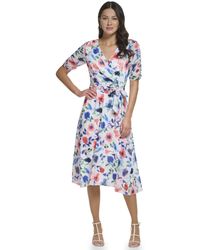 DKNY - Ruched Sleeve V-neck Faux Wrap Dress - Lyst