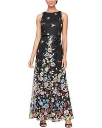 Alex Evenings - Long Embroidered A-line Dress With Satin Tie Belt - Lyst