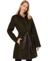 Vince Camuto Belted Wool Coat With High Neck And Pu Trim V29777a-me - Black
