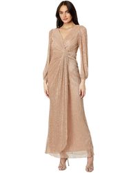 Adrianna Papell - Long Sleeve Crinkle Metallic Side Draped Gown - Lyst