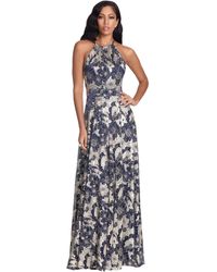 Betsy & Adam Long Foil Print Halter Gown With Wrap Skirt - Blue