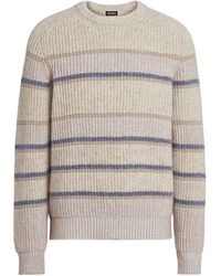 Zegna - Light Taupe Striped Cashmere And Silk Crewneck - Lyst