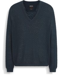ZEGNA - Pull Col En V En Oasi Lino Bleu Sarcelle Foncé - Lyst