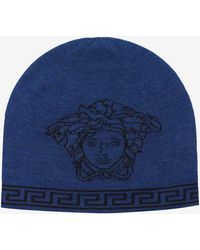 Versace Blue Wool Blend Medusa Beanie Hat