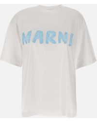 Marni - Weißes T-Shirt Aus Bio-Baumwolle Mit Blauem Logo-Print - Lyst