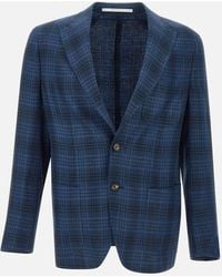 Eleventy - Blauer Karierter Leinen-Woll-Seiden-Blazer - Lyst