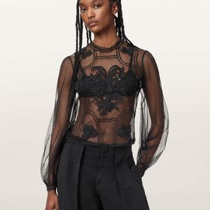 AllSaints Black Cesca Sheer Embroidered Top