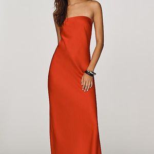 By Anthropologie Red The Fleur Strapless Satin Maxi Slip Dress