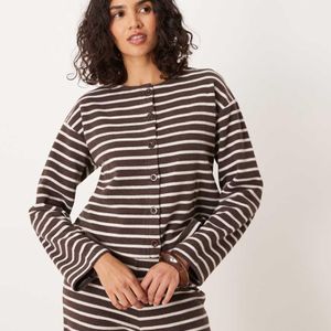 ASOS Grey Brushed Stripe Button Through Long Sleeve Co Ord Top