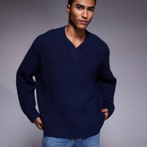 ASOS Blue Super Oversized Knitted V-neck Jumper for men