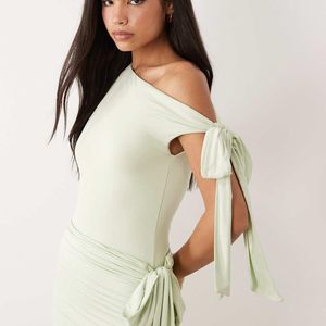Wanderdoll Natural Nelly Triple Layered Slinky Sculpted Tie Off Shoulder Bodysuit Co-Ord