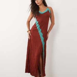 ASOS Red Crinkle Contrast Lace Trim Maxi Dress