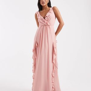 TFNC London Pink Bridesmaid Chiffon V Neck Ruffle Maxi Dress