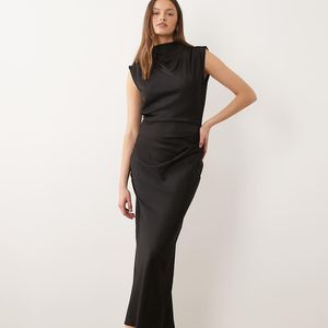 ASOS Black Asos Design Tall Satin High Neck Pleated Bodice Midi Dress