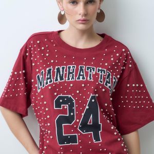 ASOS Red Oversized T-shirt With Manhattan Pearl Embellished Graphic