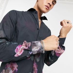 Camicia nera con stampa a fiori sfumata di Twisted Tailor in Nero da Uomo