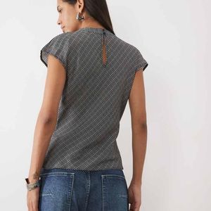 New Look Blue Draped Lace Trim Asymmetric Top On Check