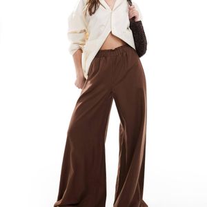 Stradivarius Brown Crinkle Pull On Wide Leg Pants