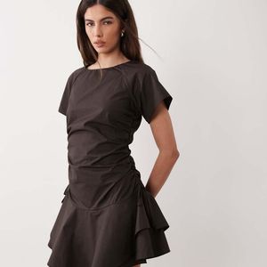 ASOS Black Short Sleeve Mini Dress With Ruching Tie Waist Detail