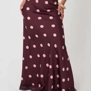 Threadbare Red Petite Polka Dot Satin Lace Trim Maxi Skirt