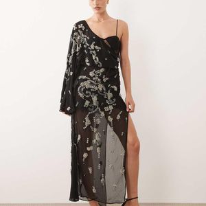 ASOS Black Draped Batwing Sleeve Embellished Maxi Dress With Lace