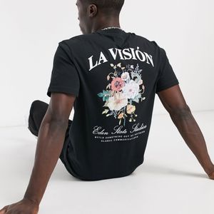 T-shirt regular fit nera con stampa a fiori e scritta "La visión" di River Island in Nero da Uomo