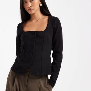 New Look Black Square Neck Button Long Sleeve Top