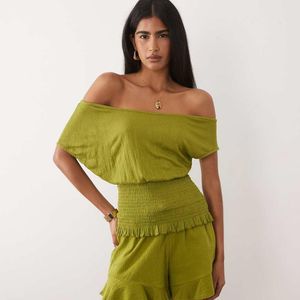 ASOS Green Mix & Match Crinkle Shirred Off Shoulder Top
