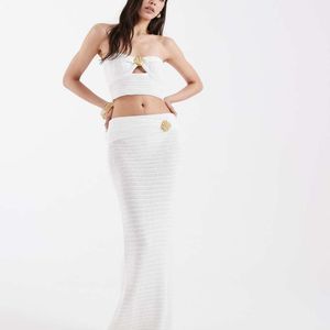 4th & Reckless White Cotton Rich Knitted Fold Over Shell Hardware Detail Beach Maxi Skirt Co-Ord