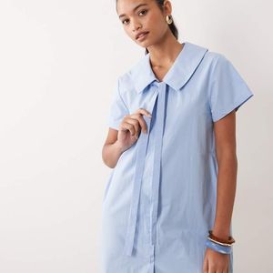 Miss Selfridge Blue Collared Poplin Mini Dress With Tie Detail