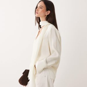 Mango Natural V Neck Blouse With Tie Neck